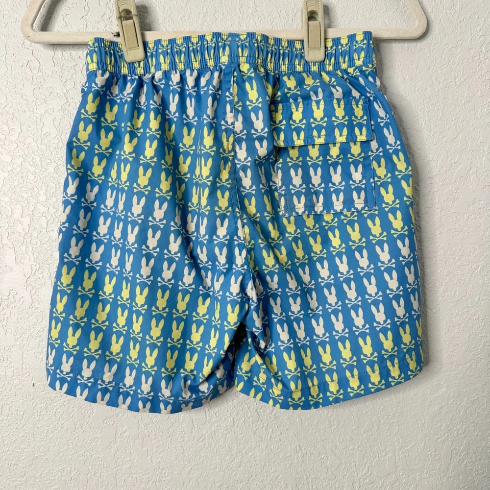 Psycho Bunny Kids Barker‎ Swim Trunks Blue Yellow Bunny Skull Print Size 14-16